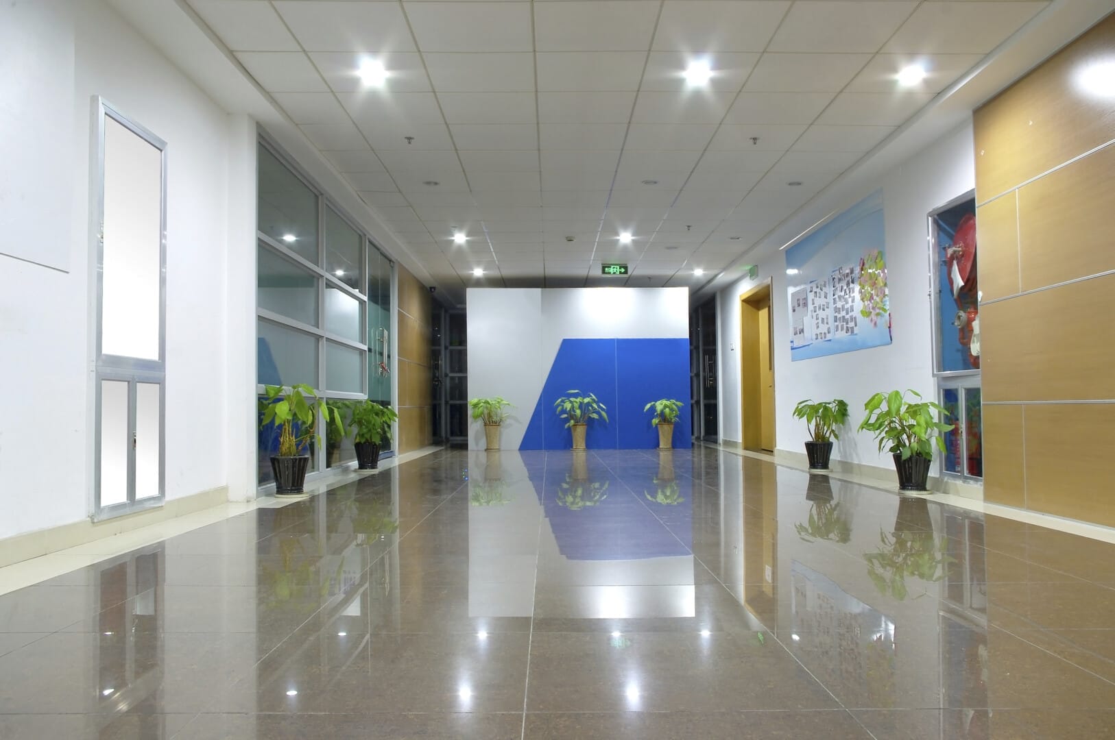 building entryway with a shiny waxed and polish floor and small plants in planters
